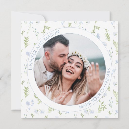 青い緑の花日付の写真の招待状を保存 (裏面)