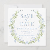 青い緑の花日付の写真の招待状を保存 (正面)