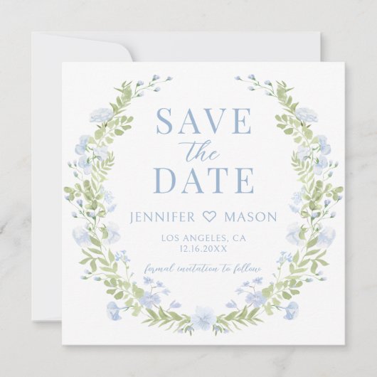 青い緑の花日付の写真の招待状を保存 (正面)