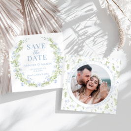 青い緑の花日付の写真の招待状を保存