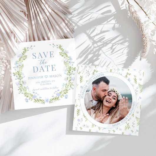 青い緑の花日付の写真の招待状を保存