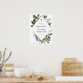 青い緑の葉のバプテスマ歓迎サイン ポスター (キッチン)