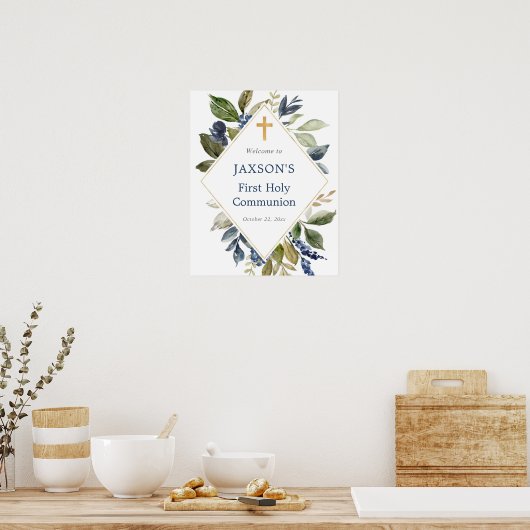 青い緑の葉のバプテスマ歓迎サイン ポスター (キッチン)