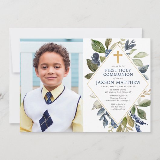 青い緑の葉の男の子の最初の神聖な聖体写真 招待状 (正面)