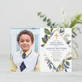 青い緑の葉の男の子の最初の神聖な聖体写真 招待状 (スタンド正面)