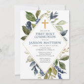 青い緑の葉の男の子の最初の神聖な聖餐会 招待状 (正面)
