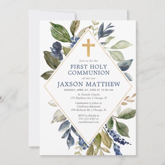 青い緑の葉の男の子の最初の神聖な聖餐会 招待状 (正面)
