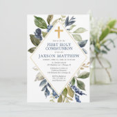 青い緑の葉の男の子の最初の神聖な聖餐会 招待状 (スタンド正面)