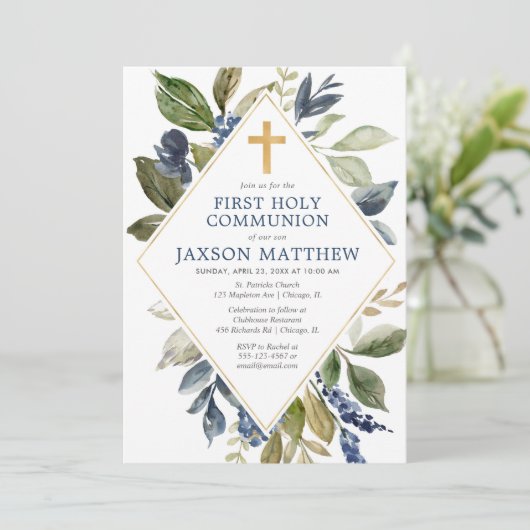青い緑の葉の男の子の最初の神聖な聖餐会 招待状 (スタンド正面)