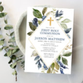 青い緑の葉の男の子の最初の神聖な聖餐会 招待状