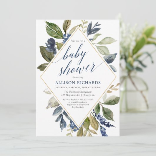 青い緑の葉の男の子シャワー幾何学的 招待状 (スタンド正面)