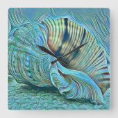 青い緑の貝殻がビーチ絵画の スクエア壁時計 (正面)