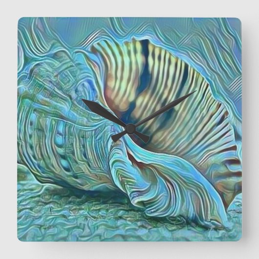 青い緑の貝殻がビーチ絵画の スクエア壁時計 (正面)