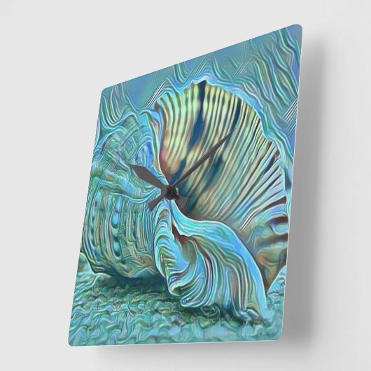 青い緑の貝殻がビーチ絵画の スクエア壁時計 (傾斜)