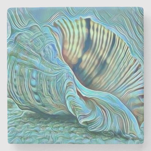 青い緑の貝殻がビーチ絵画の ストーンコースター (正面)