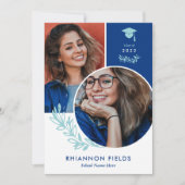 青い緑の重なり合う写真が卒業 招待状 (正面)