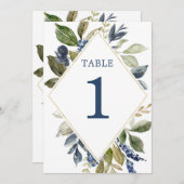 青い緑の金ゴールドの葉の緑のテーブル番号 招待状 (正面/裏面)
