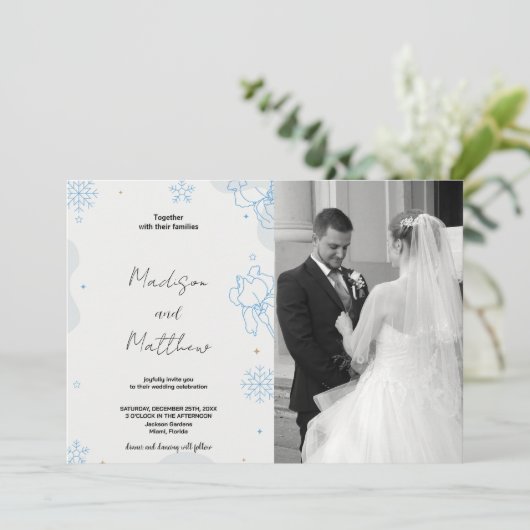 青い緑の雪の結婚式招待状と写真 招待状 (スタンド正面)
