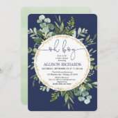 青い緑の青い金ゴールドの葉のベビーシャワー 招待状 (正面/裏面)