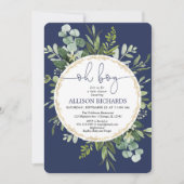 青い緑の青い金ゴールドの葉のベビーシャワー 招待状 (正面)