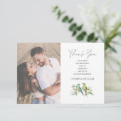 青い緑の鳥のフローラ水の色結婚の サンキューカード (スタンド正面)