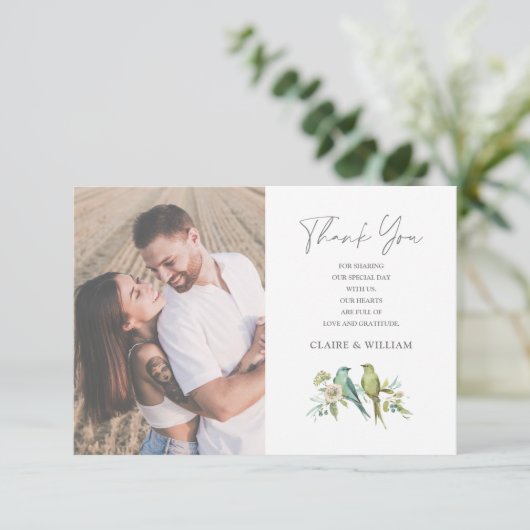 青い緑の鳥のフローラ水の色結婚の サンキューカード (スタンド正面)