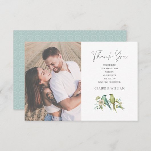 青い緑の鳥のフローラ水の色結婚の サンキューカード (正面/裏面)