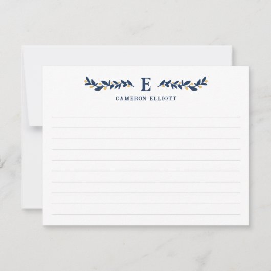 青い緑の黄色の果実モノグラムが並んだ ノートカード (正面)