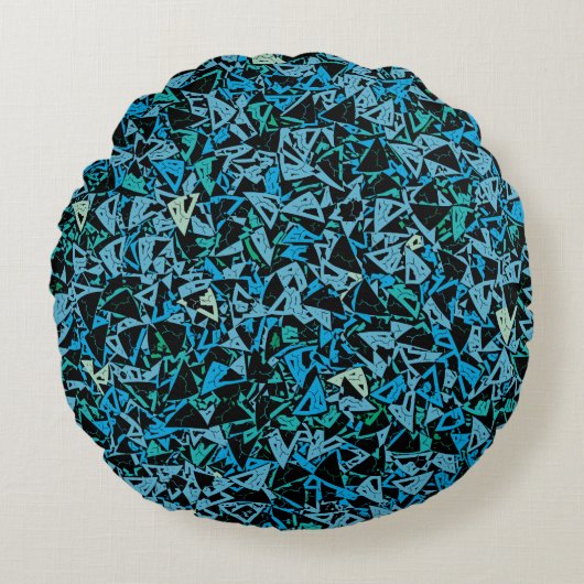 青い緑の黒い三角形のシームレスパターン ラウンドクッション (正面)