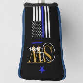 青い線とモノグラムの名前/署モダン名 ゴルフヘッドカバー (回転90)