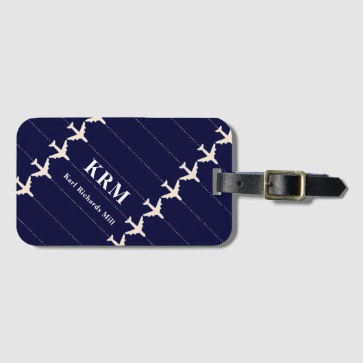 青い線を持つ飛行機点々のあるを旅行する ラゲッジタグ (正面横)