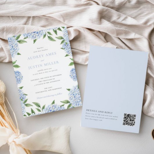 青い縁どあじさい、背面のQRコー結婚ド、 招待状