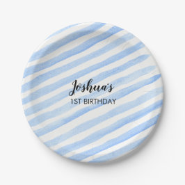 青い縞の名前入りなパーティーのプレート ペーパープレート