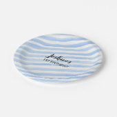 青い縞の名前入りなパーティーのプレート ペーパープレート (アングル)