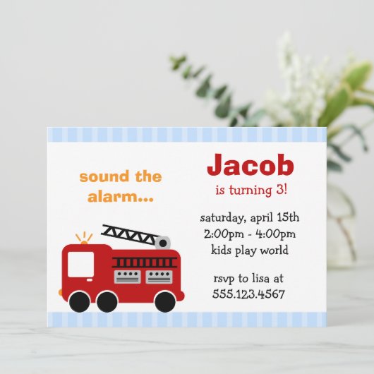 青い縞の普通消防車のバースデーパーティ招待状 招待状 (スタンド正面)