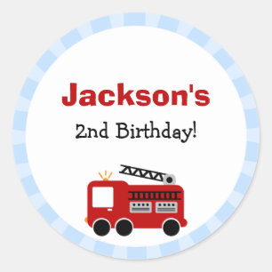 青い縞の普通消防車の誕生日のステッカー ラウンドシール