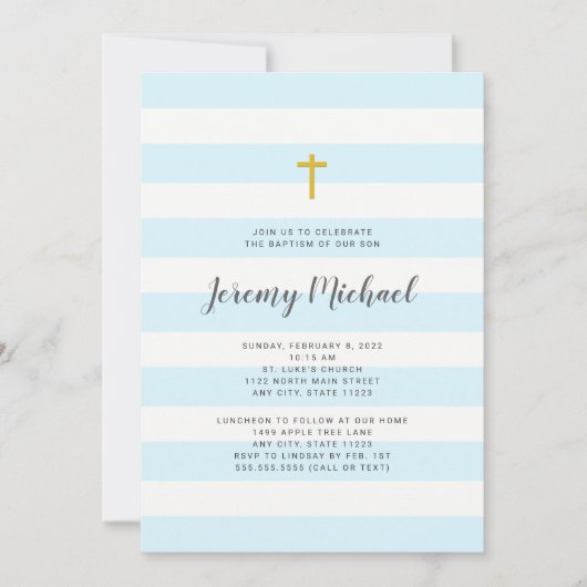 青い縞の男の子の洗礼か最初聖餐の招待 招待状 (正面)