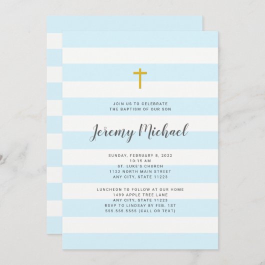 青い縞の男の子の洗礼か最初聖餐の招待 招待状 (正面/裏面)