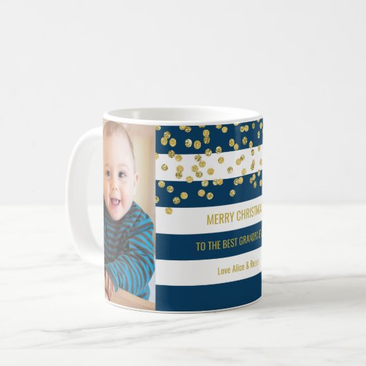 青い縞の金ゴールドの写真の最も最高のな祖父のクリスマス コーヒーマグカップ (正面左)