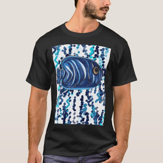 青い縞模様のエンゼルフィッシュ柄 Tシャツ (正面)