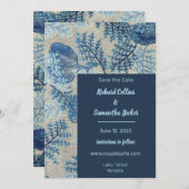 青い縫い目の花柄 ウェディング セーブ・ザ・デート (正面/裏面)