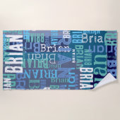 青い繰り返し名 ビーチタオル (正面)