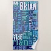 青い繰り返し名 ビーチタオル (正面)