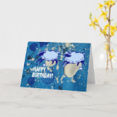 青い羊のペイントスプラッシュ誕生日 カード (黄色い花)