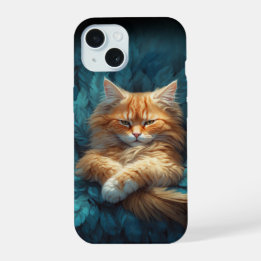 青い羽のベッドに潜むオレンジトラの子猫 iPhone 15ケース