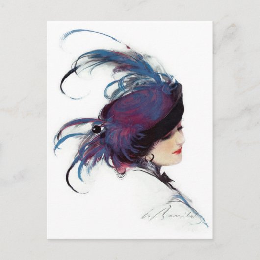 青い羽毛ファンシー帽子をかぶった女性 ポストカード (正面)