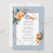 青い背カラフル景の水彩フローラ結婚 招待状 (正面)