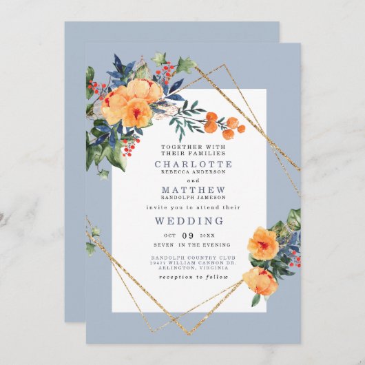 青い背カラフル景の水彩フローラ結婚 招待状 (正面/裏面)