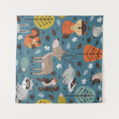 青い背中に森林動物とシームレスな模様 タペストリー (正面(横))