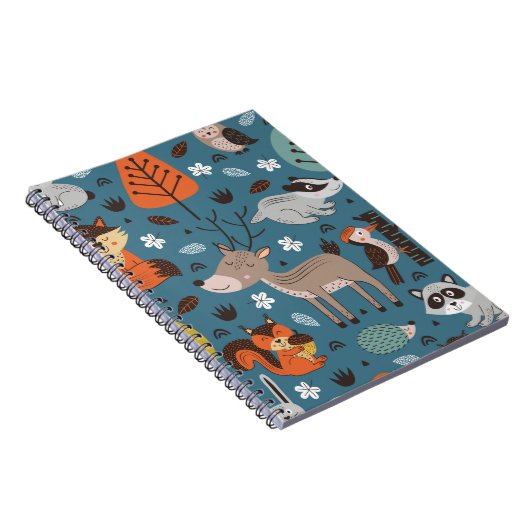 青い背中に森林動物とシームレスな模様 ノートブック (右側)